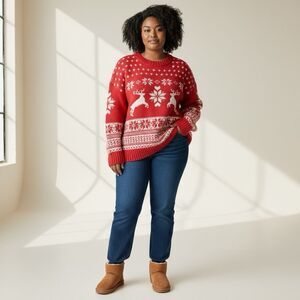 Fat Face UK Wool Blend Fair Isle Red Cream Reindeer Ski Resort Sweater Size 18